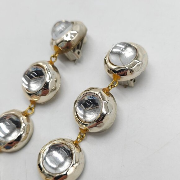 Vintage 1980s Gold-Tone Drop Clip On Earrings With Clear Domed Accents - Picture 2 of 5